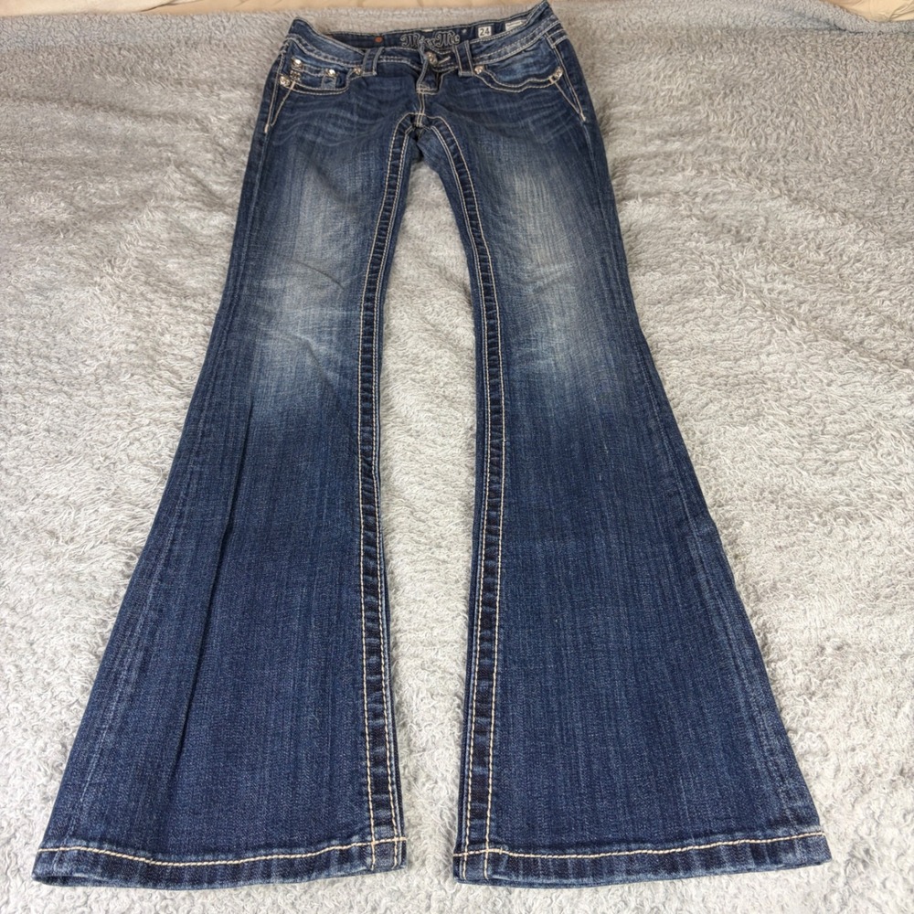Miss Me Signature Rise Bootcut Jeans Dark Wash Rhinestone Embroidered Size 24